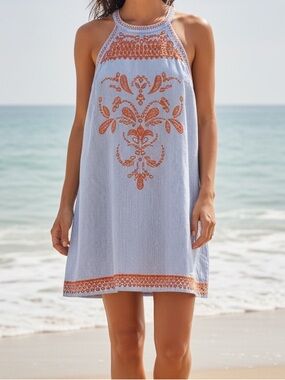 Skies are Blue Light Blue Striped wHalter Dress with Orange Embroidery